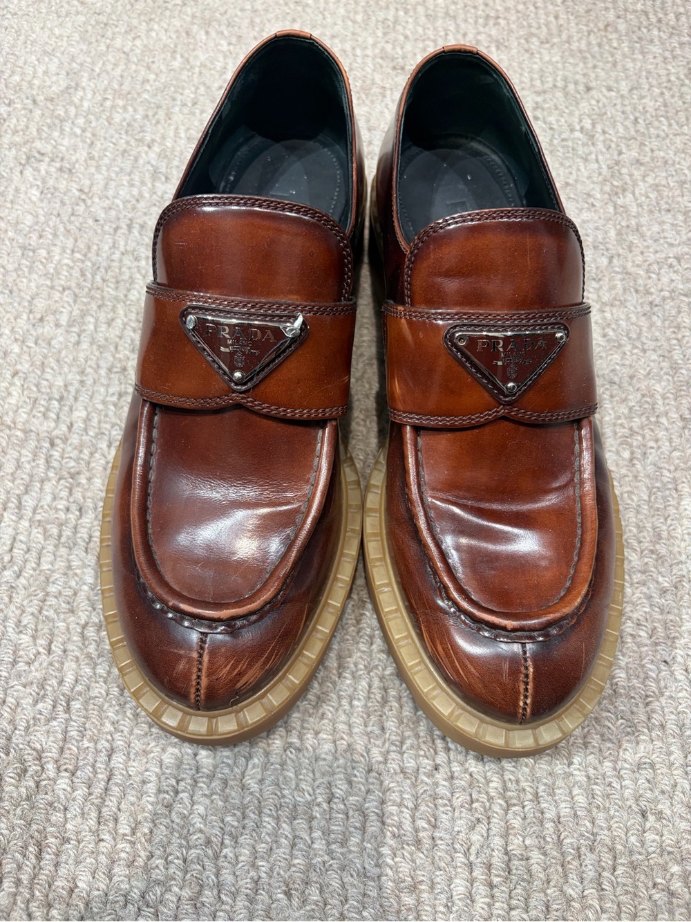 Prada Brown Leather Penny Loafers with Logo Plaque